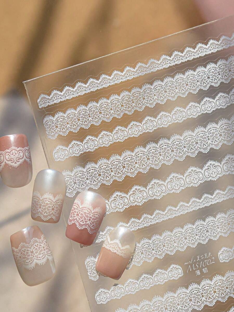 1张柔韧白色蕾丝美甲贴纸,薄纱蕾丝图案,法式优雅美甲装饰,适合各种场合 - 白色 - 查看 1