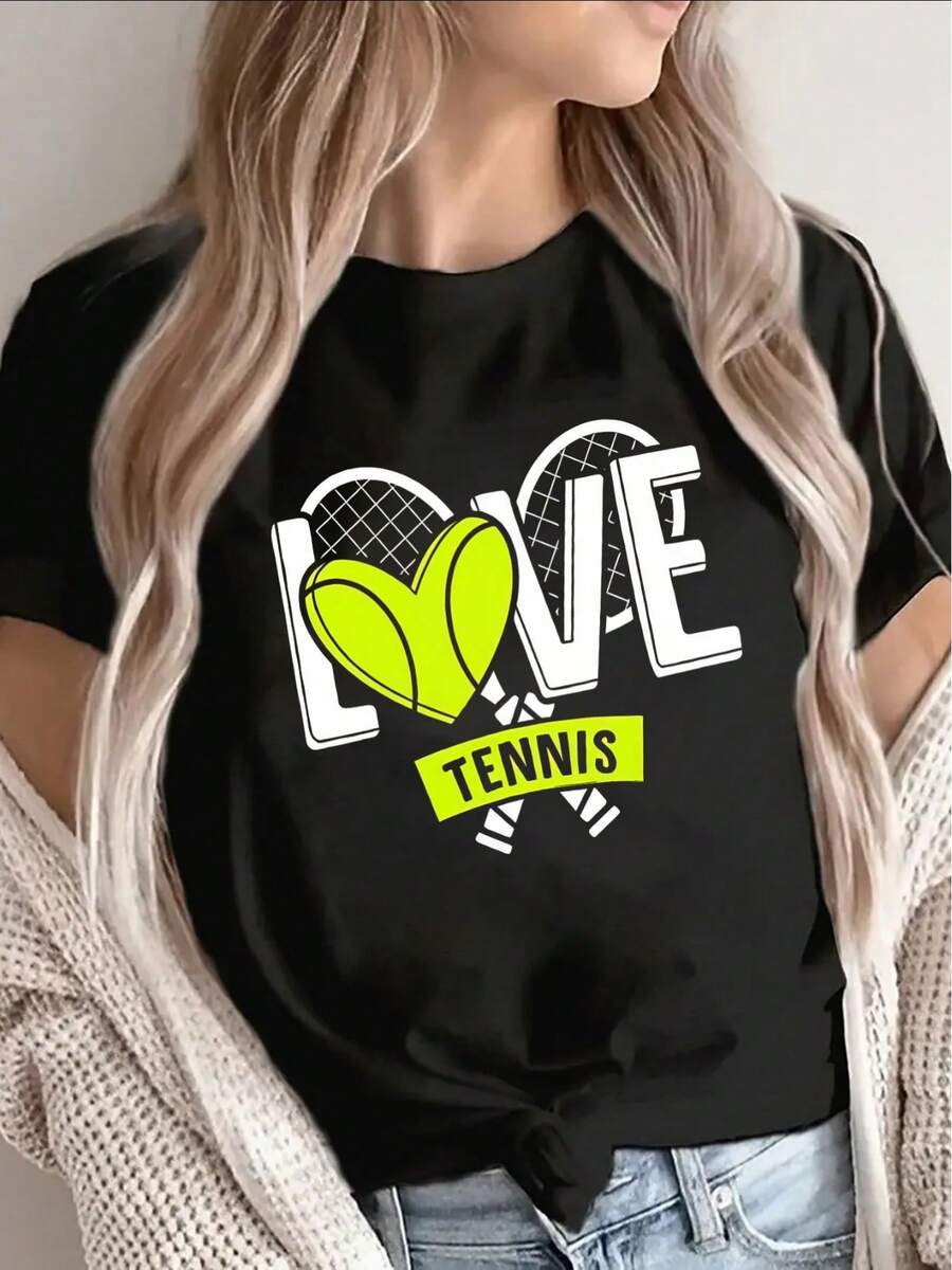 Lightweight And Durable Women's T-Shirt With A Heart-Shaped Tennis Design, Suitable For Leisure At Home, The Gym, Or Outdoor Activities, Making It An Ideal Choice For Tennis Enthusiasts And Sports Lovers. - 黑色 - 查看 1