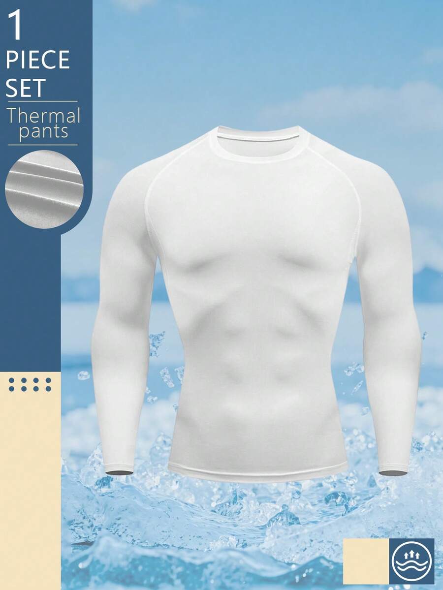 Men's Pure Black Long-Sleeved Thermal Underwear Top, Round Neck Style, Highly Elastic, Quick-Drying And Breathable, Fashionable And Slim With Sports Attributes, Can Be Used As Fitness Clothes, Running Training Clothes, Cycling Clothes, Winter Style Suitable For Outdoor Skiing In Cold Weather, Suitable For Keeping Warm In Autumn And Winter - trắng - Xem 1