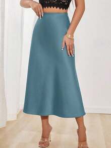 Falda en A de satén elegante y versátil para mujer - Niebla azul - Ver 1