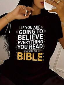 Camiseta de Tallas Grandes para Mujer con Versículo Bíblico Cristiano - Diseño Divertido y Religioso - Cuello Redondo , Ropa Cómoda para Iglesia, Hogar y Estilo Urbano - Tejido Transpirable, Lavado a Máquina, Manga Corta, Material Suave, Estampado en Letras Atrevidas, Prenda de FeSuitable for spring, summer and autumn - Negro - Ver 1