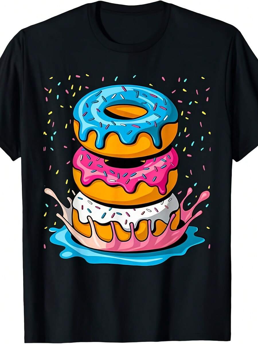 Camiseta Estampada para Mujer - Camiseta Casual de Manga Corta y Cuello Redondo en Negro con Gráfico Colorido de Donut y Confeti, Corte Relajado para Todas las Estaciones, Perfecta para el Uso Diario y Celebraciones, Lavable aáquina. - Negro - Ver 1
