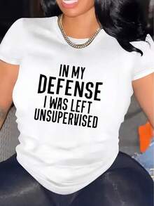 Women's Printed T-Shirt With Bold Text IN MY DEFENSE UNSUPERVISED - Casual Short Sleeve Crew Neck T-Shirt, Relaxed Fit For All Seasons, Perfect For Everyday Wear And Holiday Outfits (Machine Washable). - 白色 - 查看 7