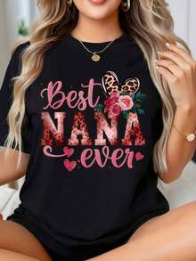 Casual Best Grandma Forever Shirt With Leopard Print Rose Heart Graphic - Perfect Gift For Grandma, Mother's Day, Birthday. Round Neck Printed Short Sleeve Casual Everyday T-Shirt. Excellent Gifts For Friends And Family. 100% Cotton. A Youthful And Fashionable Design. - 黑色 - 查看 6