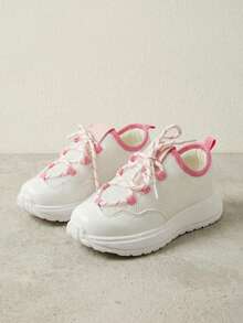 1 Pair New Kids' Colorblock Mesh Sneakers, White & Pink, Minimalist Casual Shoes With Criss-Cross Laces, Suitable For School, Outdoor Activities, And Daily Wear - powder white - View 3
