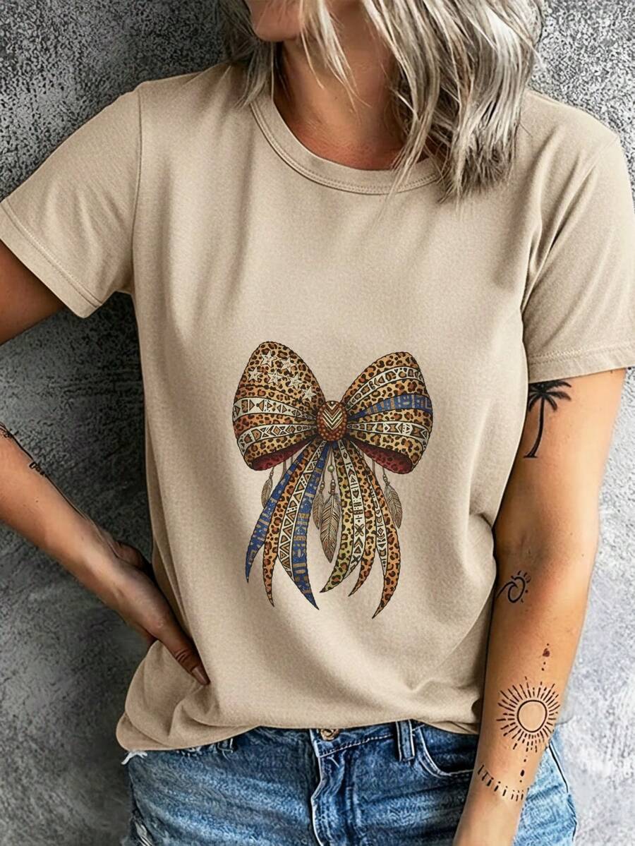 Women's Mexican Summer Fashion T-Shirt, Women's Short Sleeve Fashion T-Shirt, Comfortable And Breathable, For Fitness, Leisure Travel, Bow And Leopard Print, Cotton T-Shirt, Summer Fashion - 杏色 - 查看 1