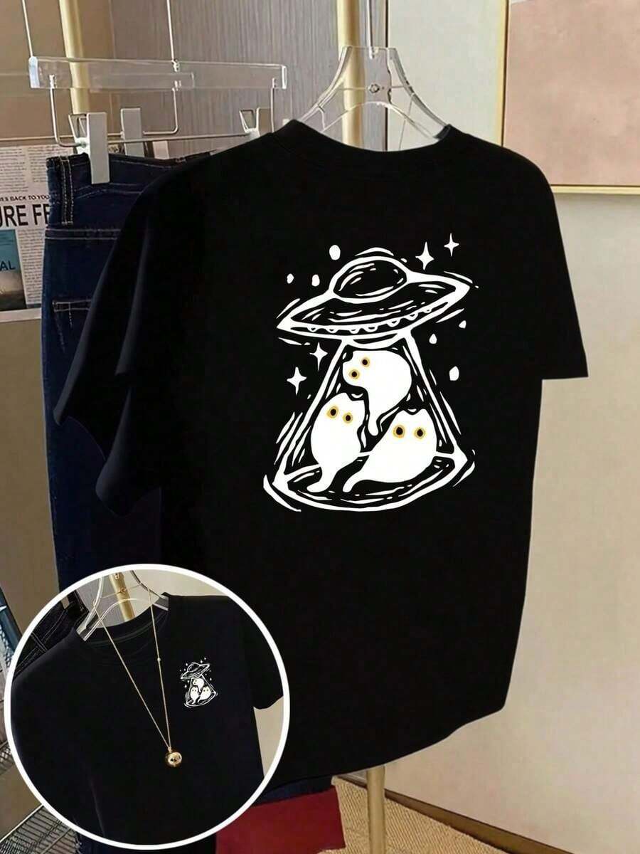 Under The RadarCamiseta de ocio para mujer con estampado frontal y trasero, diseño de alienígenas y OVNIs, cuello redondo, estilo casual de manga corta, adecuada para fitness en todas las estaciones y uso diario, diseño divertido estampado, 100% algodón. Camiseta unisex de algodón holgada de manga corta y cuello redondo estilo vintage urbano - Negro - Ver 1