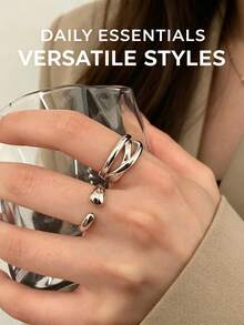 2 piezas Anillos geométricos de líneas geométricas retro exageradas, aptos para el uso diario de las mujeres, regalo para amigos y familiares - Plateado - Ver 2