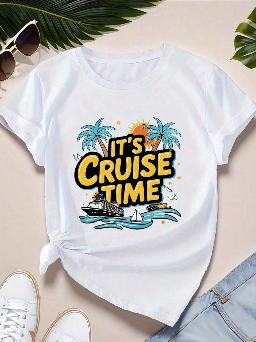 Regalo: 1 camiseta blanca para mujer con estampado de crucero, cuello redondo, camiseta casual de algodón, tejido de punto de elasticidad media, corte regular para damas, para primavera/verano/otoño, suave. - Blanco - Ver 1