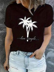 Comfortable Print. 1 Women's Black T-Shirt With A Tropical Palm Tree Design, Short Sleeves, Perfect For Casual Beach Outings, Recommended As A Mother's Day And Father's Day Gift. This Soft Summer Essential Features A Digital Print And A Relaxed Fit. Simple And Casual Summer Top. - 白色 - 查看 8