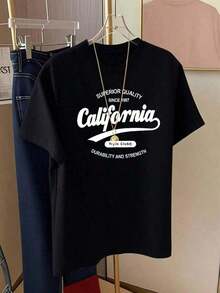 1 Piece Of Cotton English Print Mid-Length Short Sleeve T-Shirt, White, Women's Top, Elegant Graphic Print, 180g, 100% Cotton. - 白色 - 查看 11