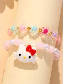 2pcs/Set Sanrio Cute Kitty Pendant Pearl Beaded Bracelet, Suitable For Holiday Party Campus Birthday Gift For Girls, Colorful Beads Random - Multicolor - View 2