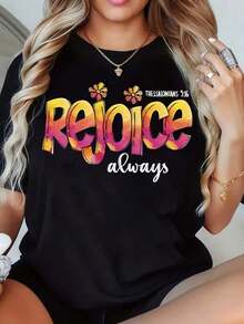 Alegrarse Siempre (1 Temisontes 5:16) - Camiseta Cristiana para Mujer, Camiseta Gráfica con Versículo Bíblico, Top Casual de Verano, Ropa Inspirada en la Fe para Mujer, Camiseta de Mujer - Negro - Ver 1