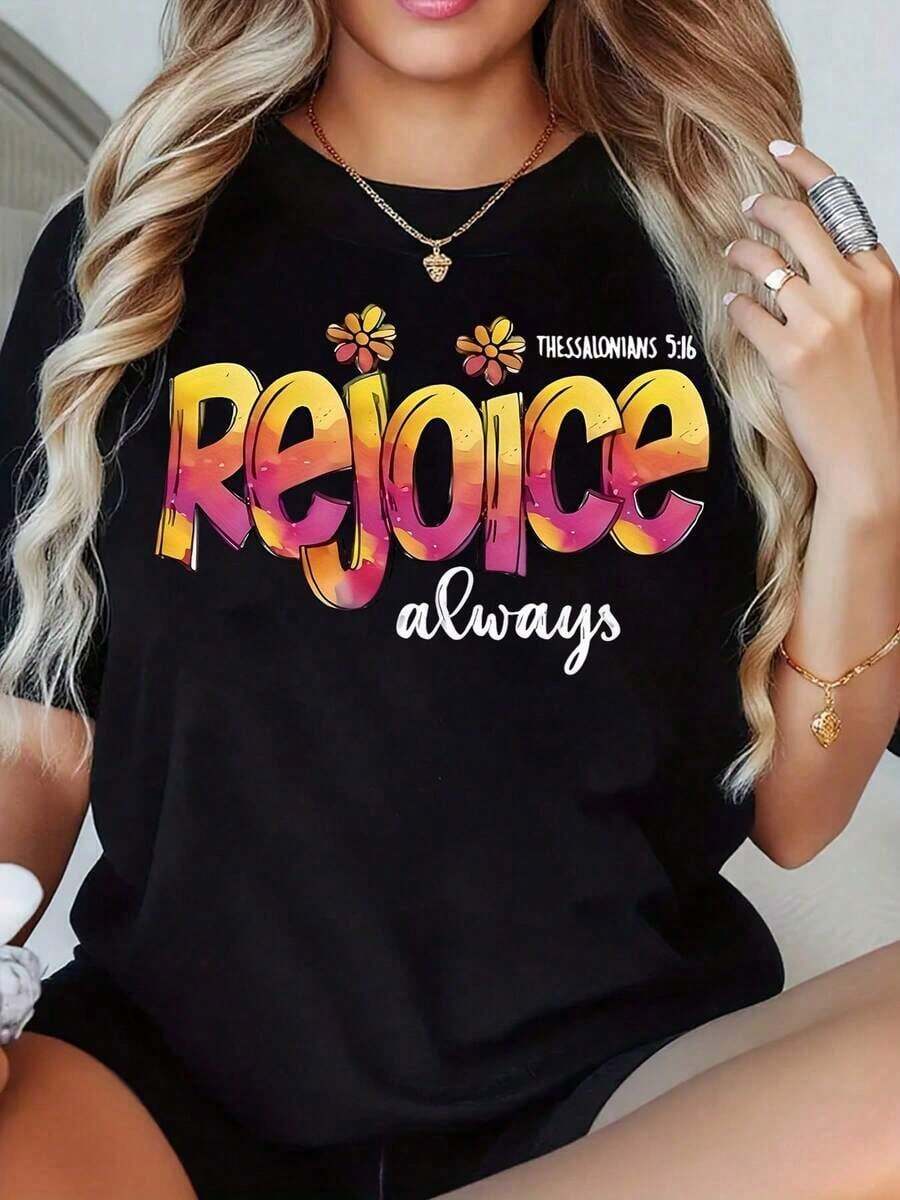 Alegrarse Siempre (1 Temisontes 5:16) - Camiseta Cristiana para Mujer, Camiseta Gráfica con Versículo Bíblico, Top Casual de Verano, Ropa Inspirada en la Fe para Mujer, Camiseta de Mujer - Negro - Ver 1