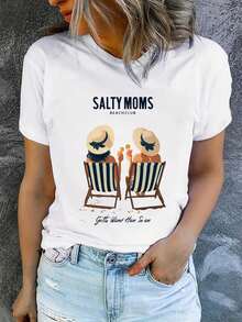 Camiseta de verano para mujer, 100% algodón, de manga corta y estampada, moderna y casual, lavable a máquina, ajuste cómodo con estampado plano 2D. - Blanco_01 - Ver 7