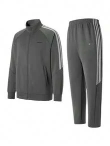 Adidas M Q3 男士针织运动套装，立领外套和运动裤两件套 - 灰色 - 查看 3