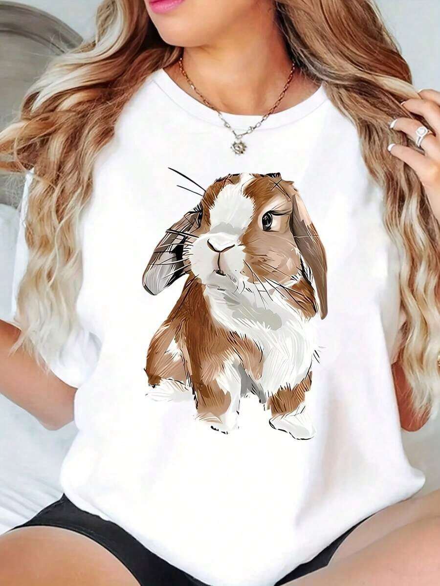 ropa de mujer Camiseta de mujer con estampado de conejo, corte holgado informal, para uso diario y comodidad en el hogar, camisas de mujer - Blanco - Ver 1