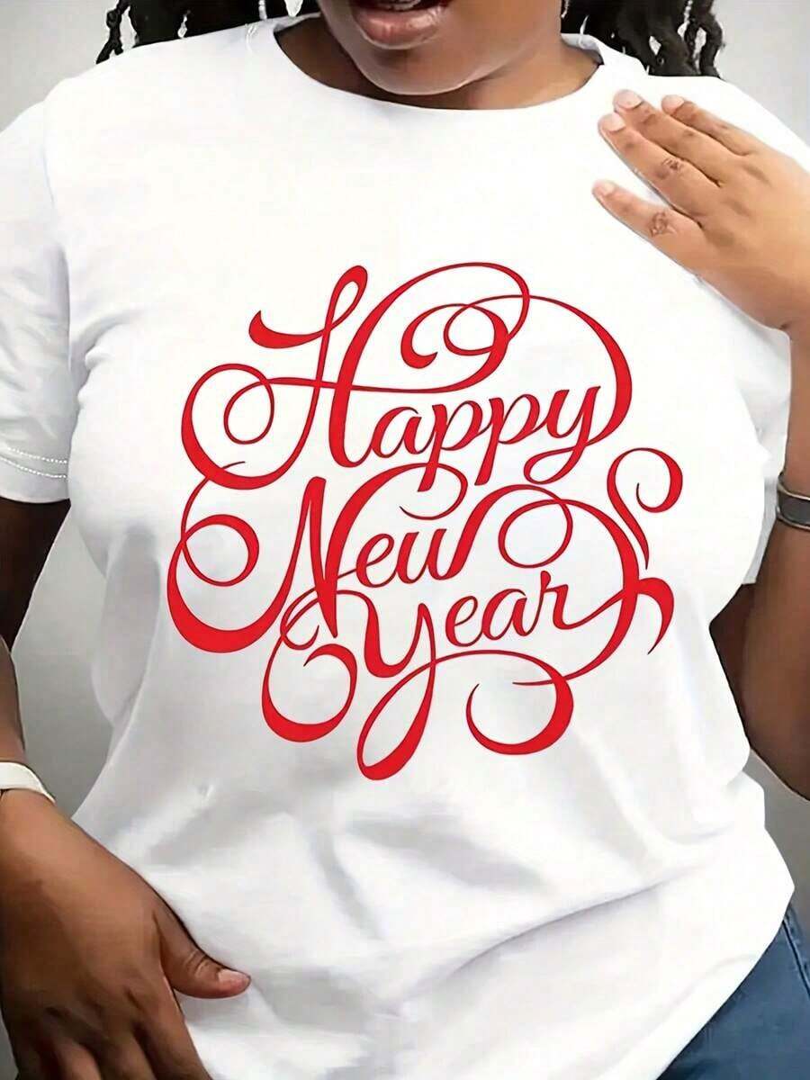 Suave, transpirable y ligera para comodidad durante todo el día. Camiseta suave para mujer - Festiva de Año Nuevo, transpirable, de cuello redondo corto, blanca con texto rojo, informal para atuendos casuales. Cuello redondo clásico con un corte relajado que favorece todas las formas del cuerpo y es fácil de combinar con jeans, pantalones cortos y leggings. - Blanco - Ver 1