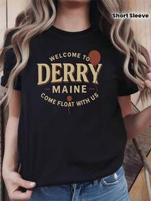 Camiseta de mujer de talla grande con estampado de globo y el texto "WELCOME TO DERRY MAINE COME FLOAT WITH US", cuello redondo, estilo casual, para primavera y verano, atuendo creativo y cómodo para salidas diarias. - Negro - Ver 7