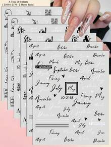 3/6 Sheets 3D Letter Nail Stickers Black White Word Text Nail Decals Self Adhesive English Typography DIY Nail Art Decor - Black and White - View 13
