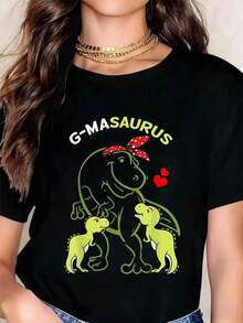 Cartoon T-Shirt With Dinosaur Mom G Masauros And Babies, Cute T-Shirt For Women, Funny Gift For Mother's Day, Casual Black Top. - 黑色 - 查看 6