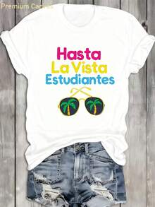 1 pieza Camiseta de verano Hasta La Vista - Camiseta estampada 100% absorbente de sudor y transpirable, con estampado de gafas tropicales, regalo para el Día de la Madre, camiseta de mujer con cuello redondo para vacaciones en la playa y surf, top casual negro de manga corta, adecuada para vacaciones, 180g Algodón 100%. - Blanco - Ver 1