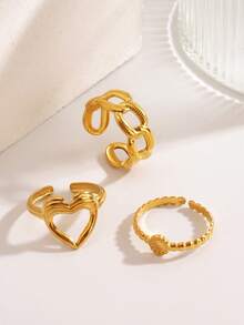 3pcs/Set Stainless Steel 18K Gold Plated Personalized Geometric Heart Rings Set, Suitable For Women's Daily And Party Wear High-End Jewelry - Yellow Gold - View 4