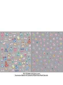 QIANJIKU 2张5D立体浮雕夏日度假风美甲贴纸 - 彩色比基尼、格子、星星图案 - 适合夏季、海滩度假、游泳派对、音乐节等场合的DIY装饰 - 彩色 - 查看 11