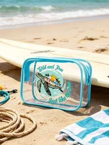 Clear Pvc Travel Toiletry Bag With Blue Trim, "Wild And Free Just Like The Sun" Sea Turtle Print Cosmetic Pouch, Makeup Organizer For Beach & Vacation, Waterproof Zipper Pouch For Toiletries, Sunscreen, And Travel Essentials, Lightweight, Durable, And Quick-Drying, Perfect For Beach Trips, Pool Days, Air Travel - Multicolor - View 7