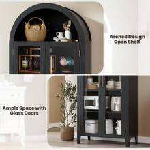 Gaderth Arched Kitchen Pantry Storage Cabinet - Farmhouse 5-Tier Display Shelf With 2 Large Glass Doors And Adjustable Shelf, Versatile Cupboard For Kitchen, Dining Room, Living Room - Black - View 5
