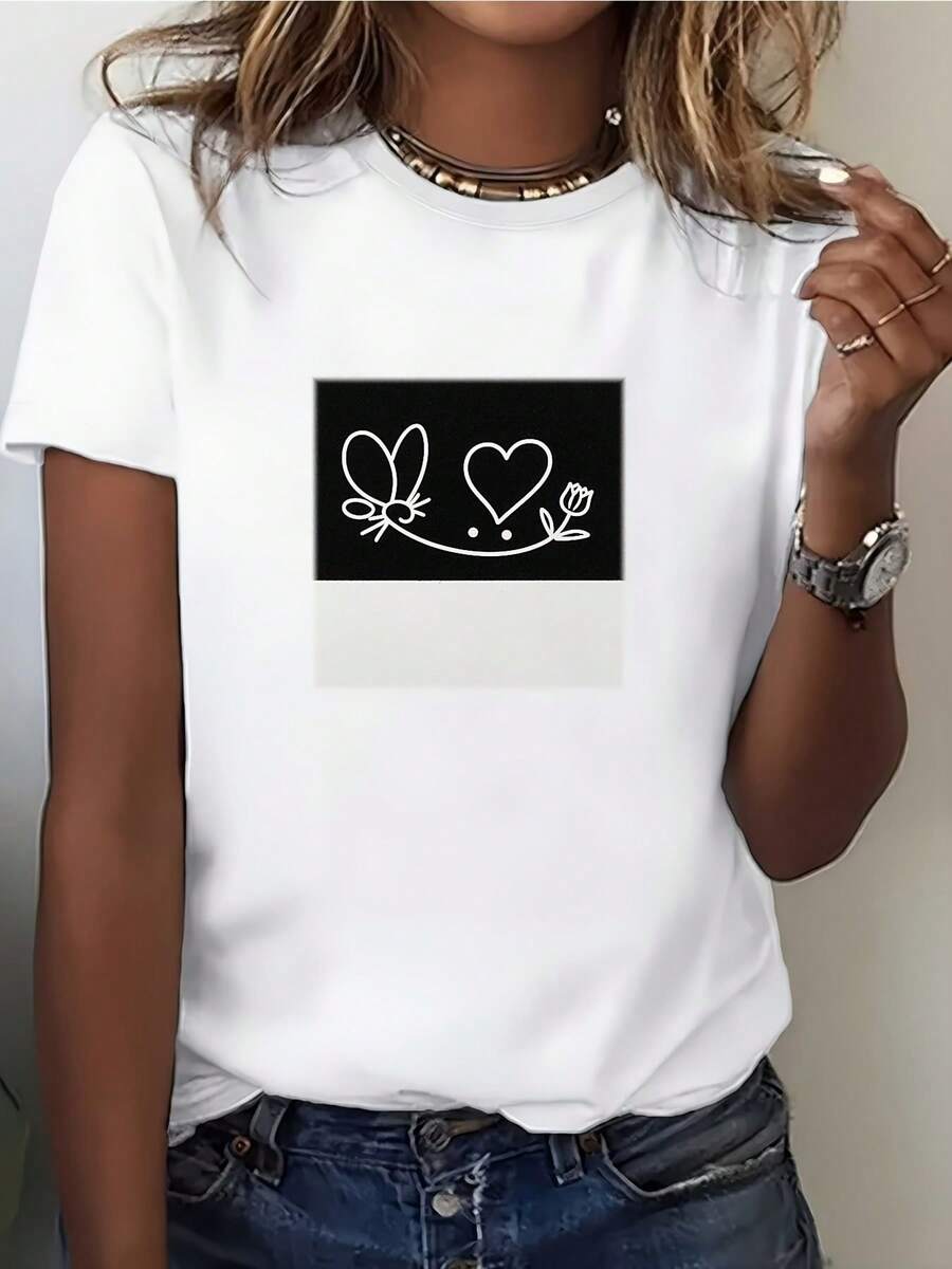 Camiseta Casual con Estampado de Mariposa para Mujer, 180G| Camiseta de Verano Suave y Cómoda| Regalo perfecto para el Día de San Valentín, Día de la Madre| Ideal para salidas familiares y eventos de team building.| Y una blusa elegante para uso diario - Blanco - Ver 1