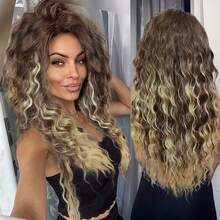 Gradient Gray And Gold Curly Wig, Long Wavy With A Middle Part, Antique Dark Root Synthetic Wig, Women's Style, 80s Halloween Party Beginner-Friendly, Women's Wig, Suitable Parties Or Daily Use - C - Xem 2