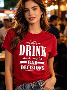 New Summer Casual T-Shirts, Party Favors, Short Sleeve T-Shirt With 'DRINK' Letter Print, Crew Neck, Versatile And Fashionable, New Arrivals, Festival Clothes, Mother's Day - Unisex Loose Fit Cotton Short Sleeve Crew Neck T-Shirt, Urban Vintage Style - 紅色 - 查看 2