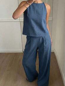 Conjunto de 2 piezas de top de tirantes finos a rayas y pantalones para mujer, conjunto de prendas de estar en casa para mujer - Azul marino - Ver 2