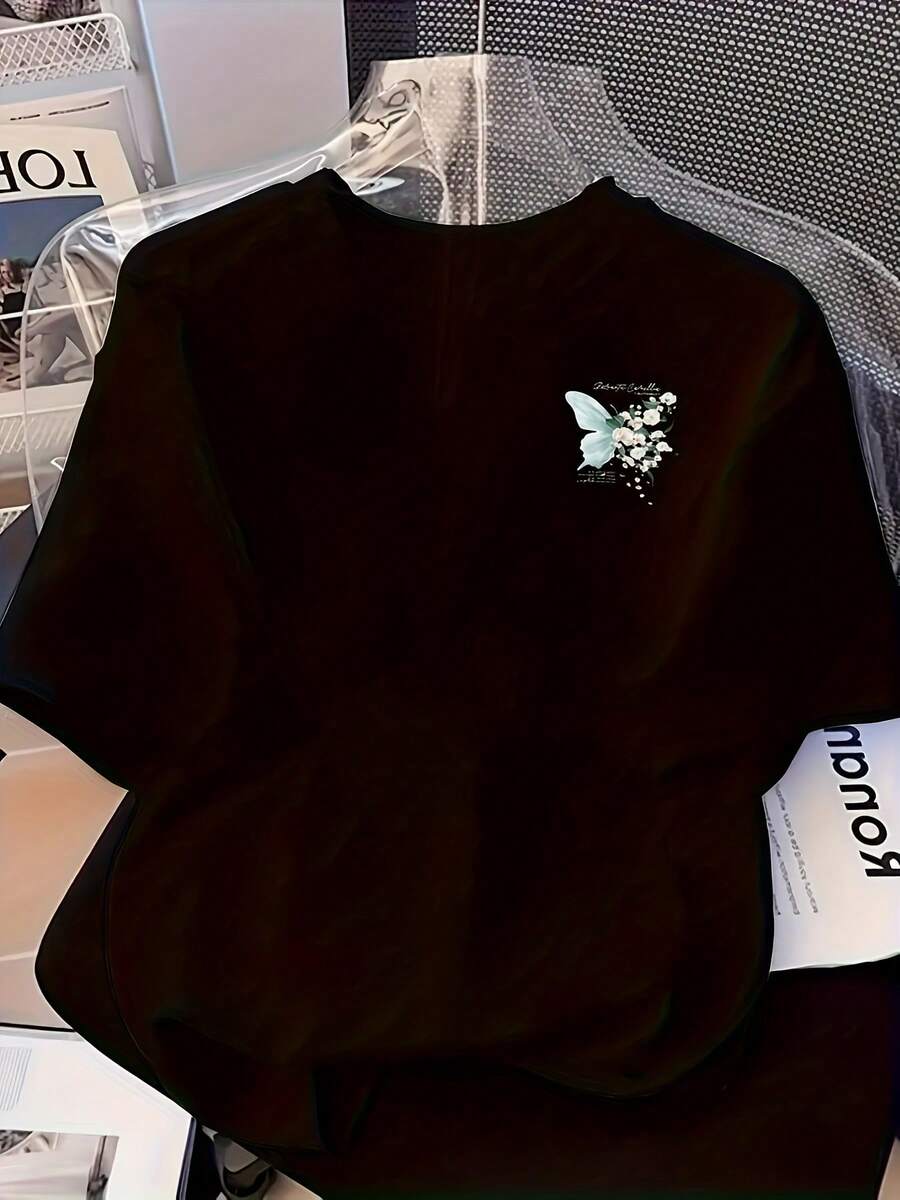 Crew Neck Top. Short-Sleeved T-Shirt With Double-Sided Butterfly Print, Casual Style - Made Of Knit Polyester Fabric, The Perfect Choice For Summer. Comfortable And Stylish For Women - Soft And Breathable, Suitable For Everyday Casual Wear. - 黑色 - 查看 1