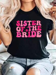 Camiseta Retro Estampada para Fiesta de Boda, Hermana de la Novia, Camiseta Casual de Manga Corta con Cuello Redondo, Cómoda para Primavera y Verano, Ropa de Mujer - Negro - Ver 1