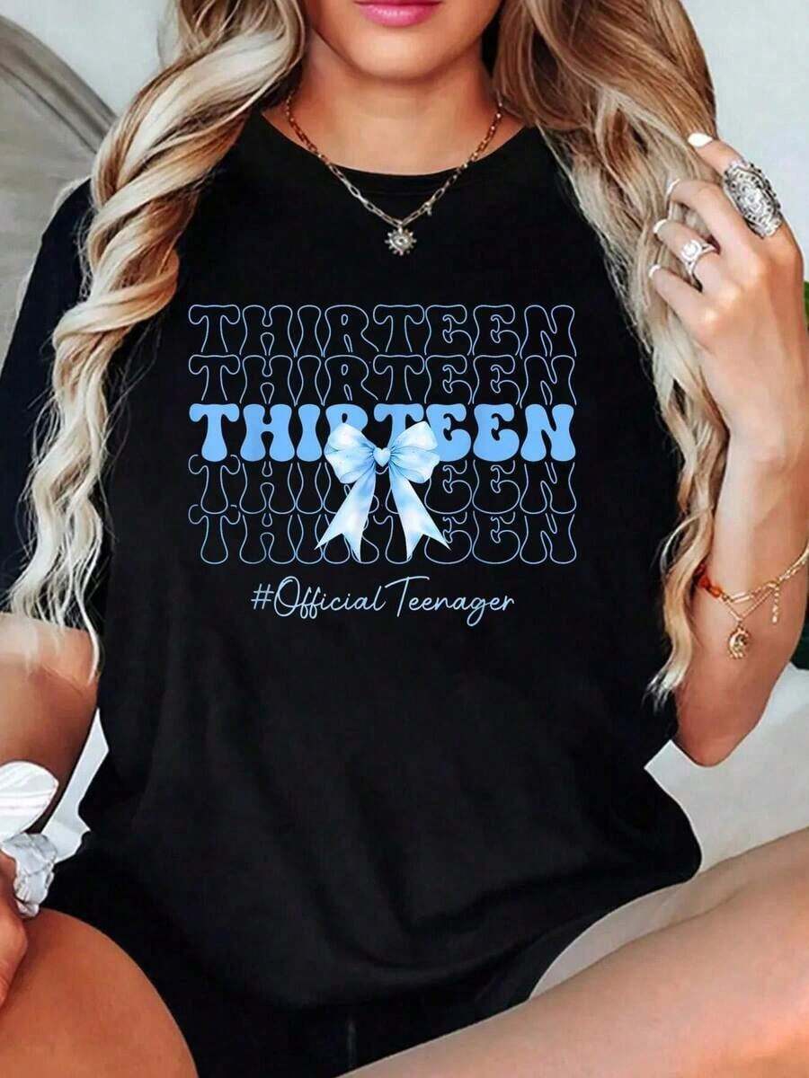 Thirteen Sets Of Blue Bow T-Shirts For Women, Ideal For Celebrating A Teenager's 13th Birthday - 黑色 - 查看 1