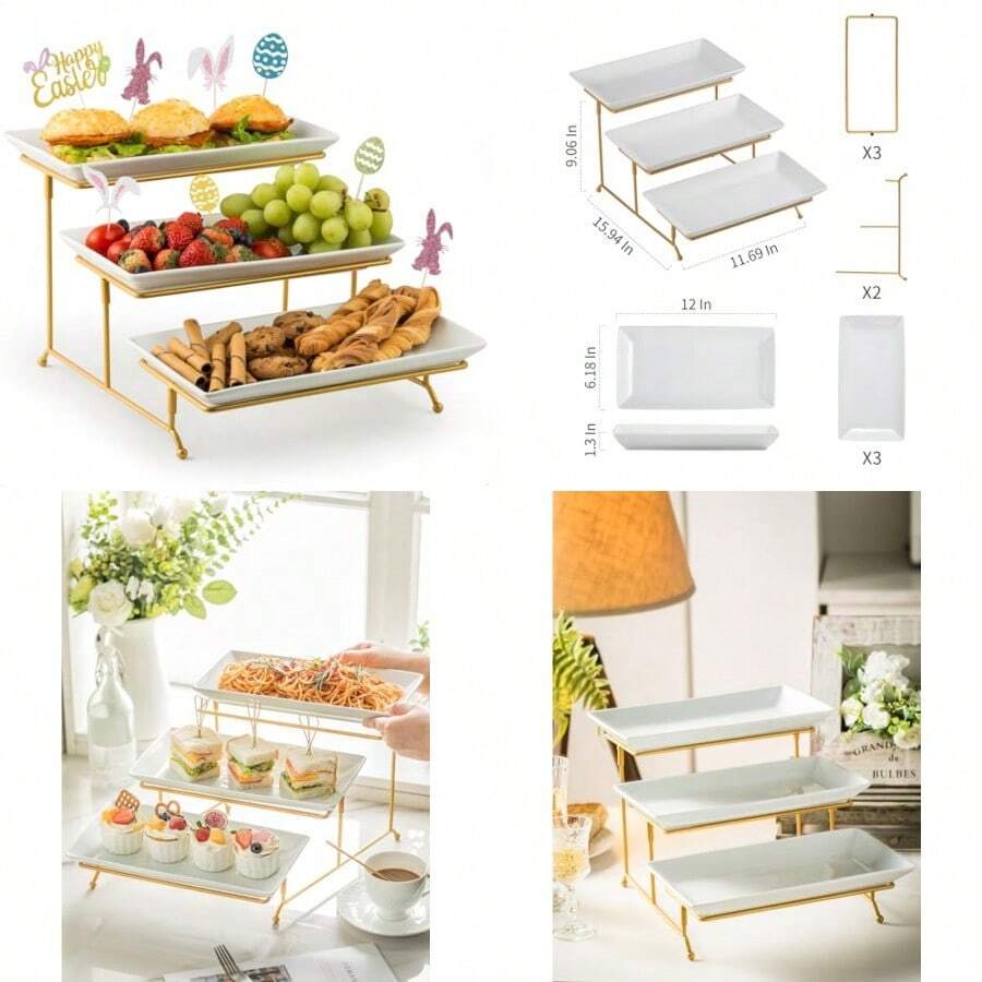 YHOSSEUN - Bandeja grande para servir de 3 niveles con soporte para servir, platos para servir para recibir invitados, adecuada para exhibir mesas de postres, suministros de catering, 30 cm, oro - Soporte dorado - Ver 1