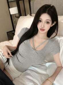 New Solid Color Versatile Slim Fit Waist Cinched Cap Sleeve Knit Top, Spring/Summer - Gray - View 3