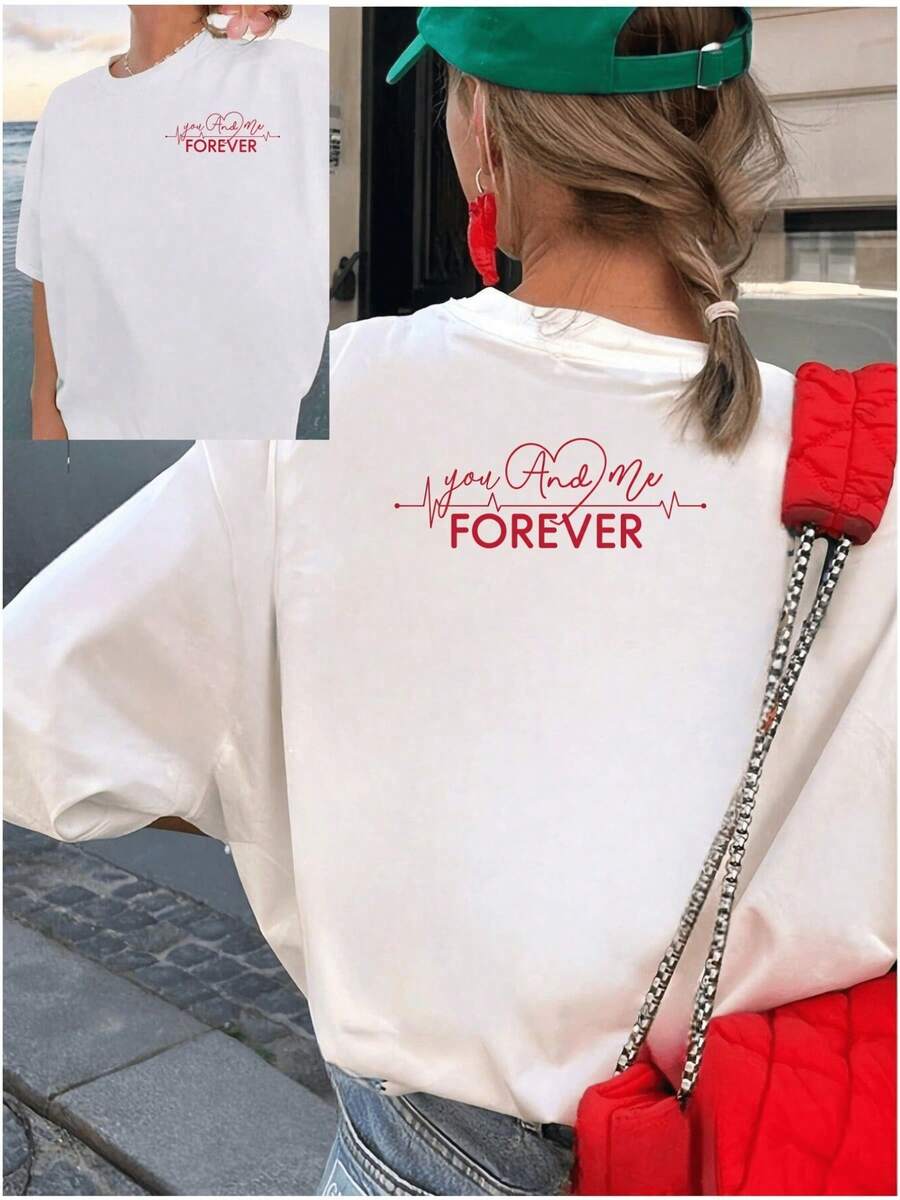 100% Cotton Loose-Fitting Short-Sleeved T-Shirt For Couples, Featuring ECG Heart Print, Breathable, Casual, For Summer, Ideal For Couple Dates, With Letter Design, For Adult Women, Beach, Breathable Fabric, Suitable For Back To School Season, Ideal For Outdoor Use, Perfect Gift, . - 白色 - 查看 1