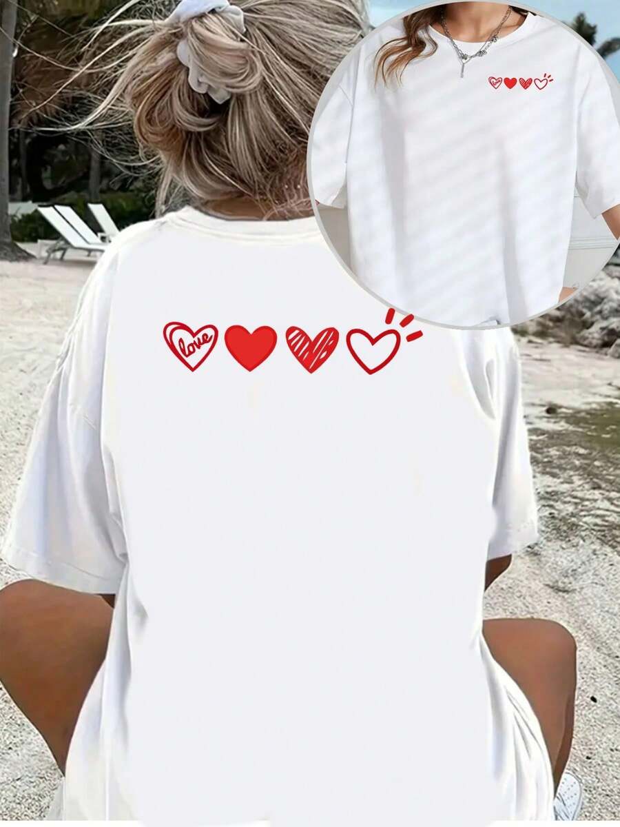 Women's Short-Sleeved T-Shirt, Sweet And Cute Style, 100% Cotton, Loose Fit, Heart Print With Multiple Designs, Breathable Casual Top, Ideal For Everyday Summer Wear And Dates, Letter Print, Modern Short-Sleeved T-Shirt For Adult Women, Breathable Fabric, Suitable For Back To School Season, Outdoor Use, Ideal Gift, . - 白色 - 查看 1