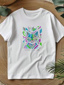 Women's Casual Summer T-Shirt With A Premium Urban Cat Design. Featuring An Abstract Geometric Pattern, It's The Perfect Gift For Cat Lovers. . - 白色 - 查看 5