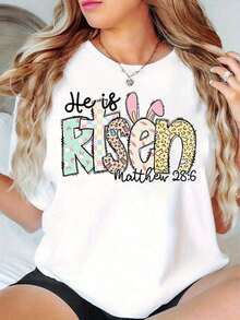 Camiseta de Pascua para Mujer con la Frase "Él ha resucitado" y el Versículo Bíblico Mateo 28:6 - Conejito Pastel y Letras Florales, Cuello Redondo Suave, Manga Corta, Camiseta Casual Cristiana para Pascua, Navidad, Celebraciones de Primavera - Ropa Religiosa Apta para Todas las Temporadasblusas para mujer>ropa - Blanco - Ver 7