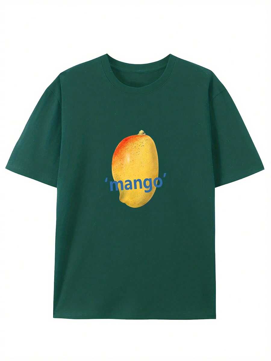 Great Mango! Round Neck T-Shirt With Creative Design, Fashionable Short Sleeves For Summer, Casual Top For Everyday Style - 深綠色 - 查看 1