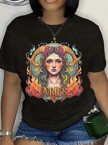 Women's Cotton T-Shirts With The Zodiac Sign Aries, Women's T-Shirt With Astronomical Art And Graphic Of Flaming Hair And Rose Crown For Spring And Summer Fashion, Gift For Birthdays Or Festivals, Basic Women's Blouses. - 黑色 - 查看 7