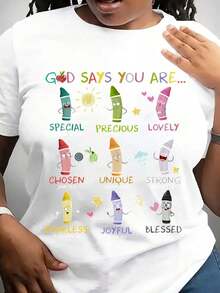 Women's Cotton T-Shirts [Gift For Christian Teachers] T-Shirt With Inspirational Bible Verse, Thank You Gift For Christian Teachers, Colorful Crayon Print, Casual Summer Style, Fabric, Perfect For Teacher's Day, Basic Women's Blouses - 白色 - 查看 6