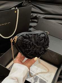 3D Lace Flower Heart Bag, Sweet Unique Multi-Purpose Chain Shoulder Crossbody Bag - Black - View 2