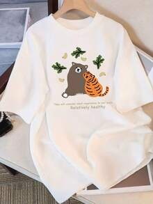 Women's Short-Sleeved T-Shirt, Modern And Minimalist Style - Casual Top With Cartoon Bear And Tiger Print, Attractive Design, Suitable For All Seasons, Quality Material, Fun Style, Ideal For Everyday Wear. - 白色 - 查看 1
