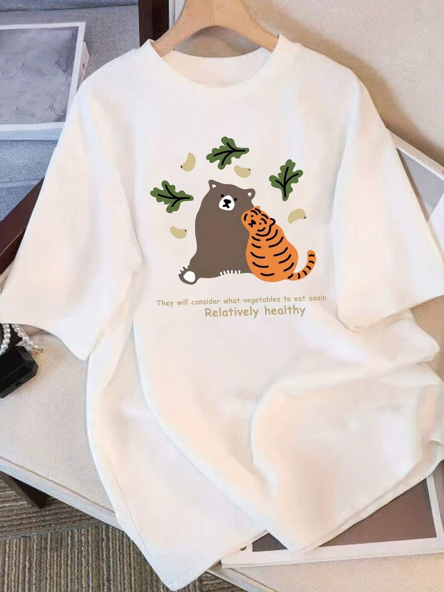 Women's Short-Sleeved T-Shirt, Modern And Minimalist Style - Casual Top With Cartoon Bear And Tiger Print, Attractive Design, Suitable For All Seasons, Quality Material, Fun Style, Ideal For Everyday Wear. - 白色 - 查看 1
