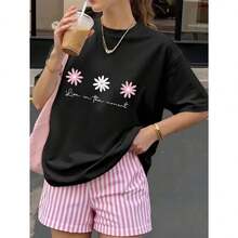 Women's Short Sleeve Floral Print T-Shirt, Sweet Casual Crew Neck T-Shirt, Stylish Graphic Crew Neck Tee, Ideal For Everyday Wear, Valentine's Day Theme, Available In Sizes S-4XL - 黑色 - 查看 6